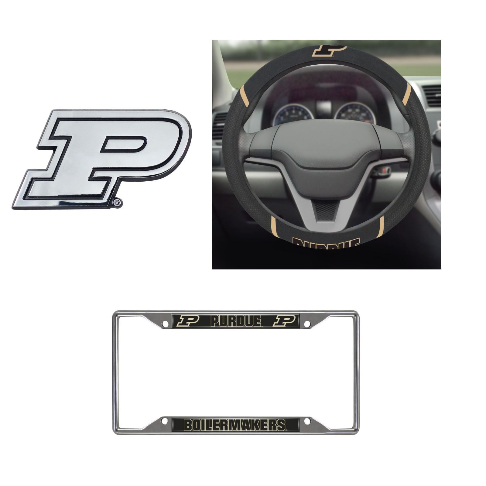 Purdue Boilermakers Steering Wheel Cover, License Plate Frame, 3D Chrome Emblem