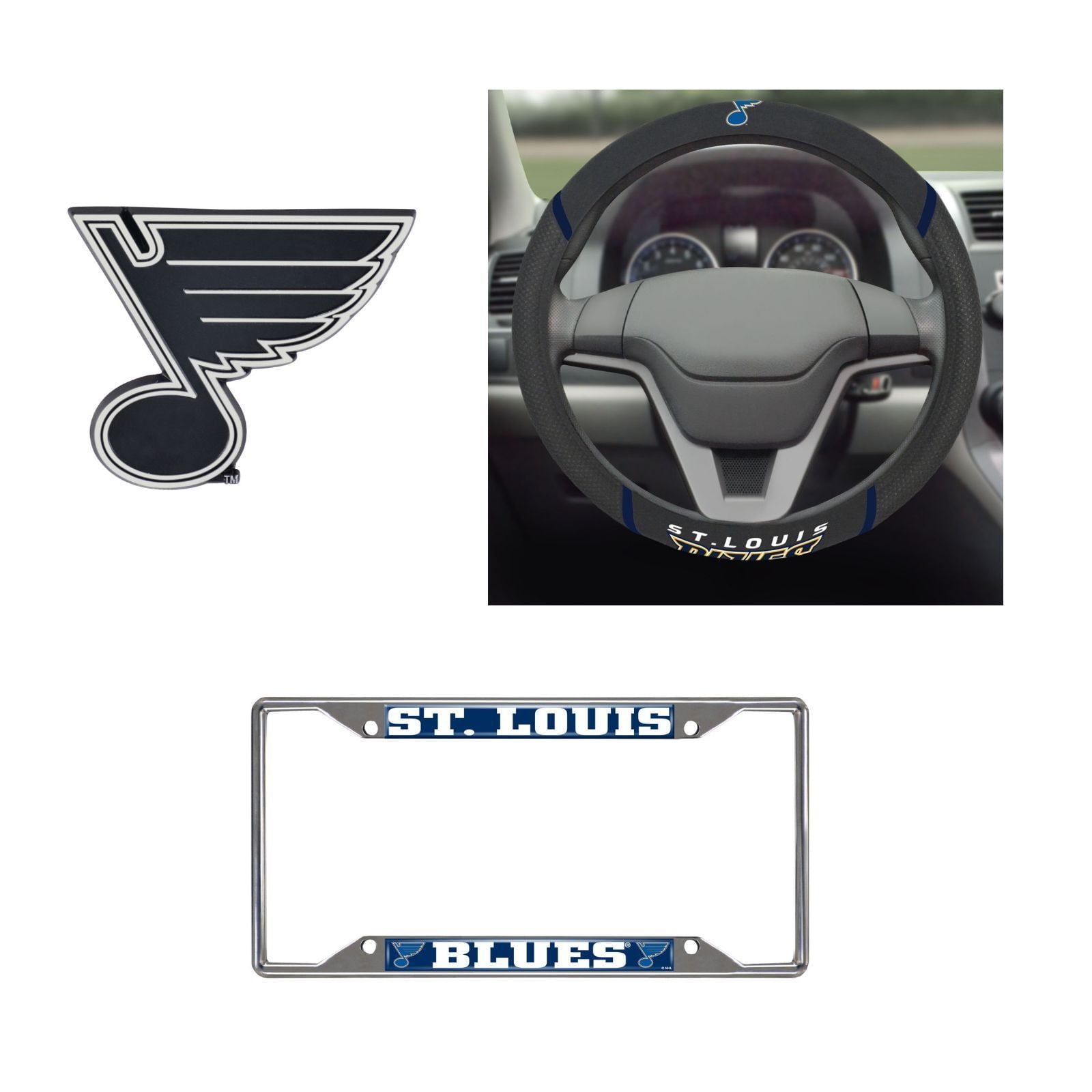 St. Louis Blues Steering Wheel Cover, License Plate Frame, 3D Chrome Emblem