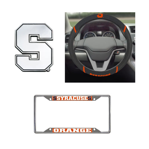 Syracuse Orange Steering Wheel Cover, License Plate Frame, 3D Chrome Emblem - Team Auto Mats