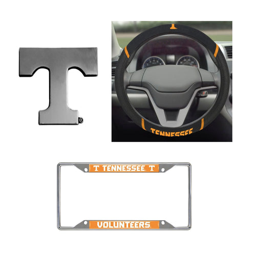 Tennessee Volunteers Steering Wheel Cover, License Plate Frame, 3D Chrome Emblem - Team Auto Mats