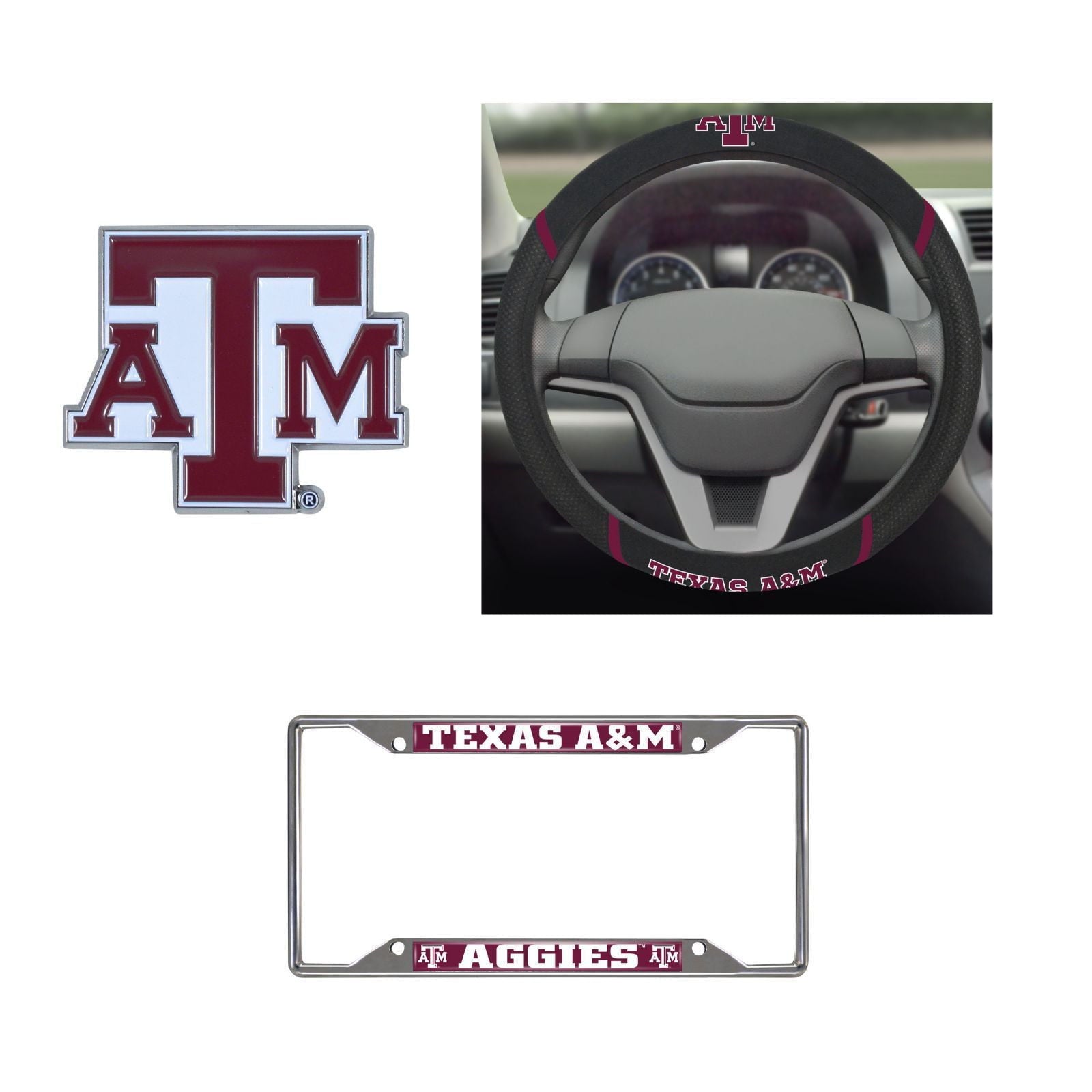 Texas A&M Aggies Steering Wheel Cover, License Plate Frame, 3D Color Emblem