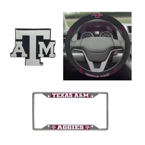 Texas A&M Aggies Steering Wheel Cover, License Plate Frame, 3D Chrome Emblem