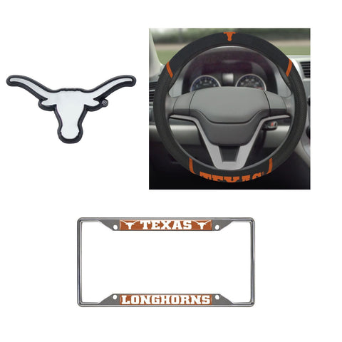 Texas Longhorns Steering Wheel Cover, License Plate Frame, 3D Chrome Emblem