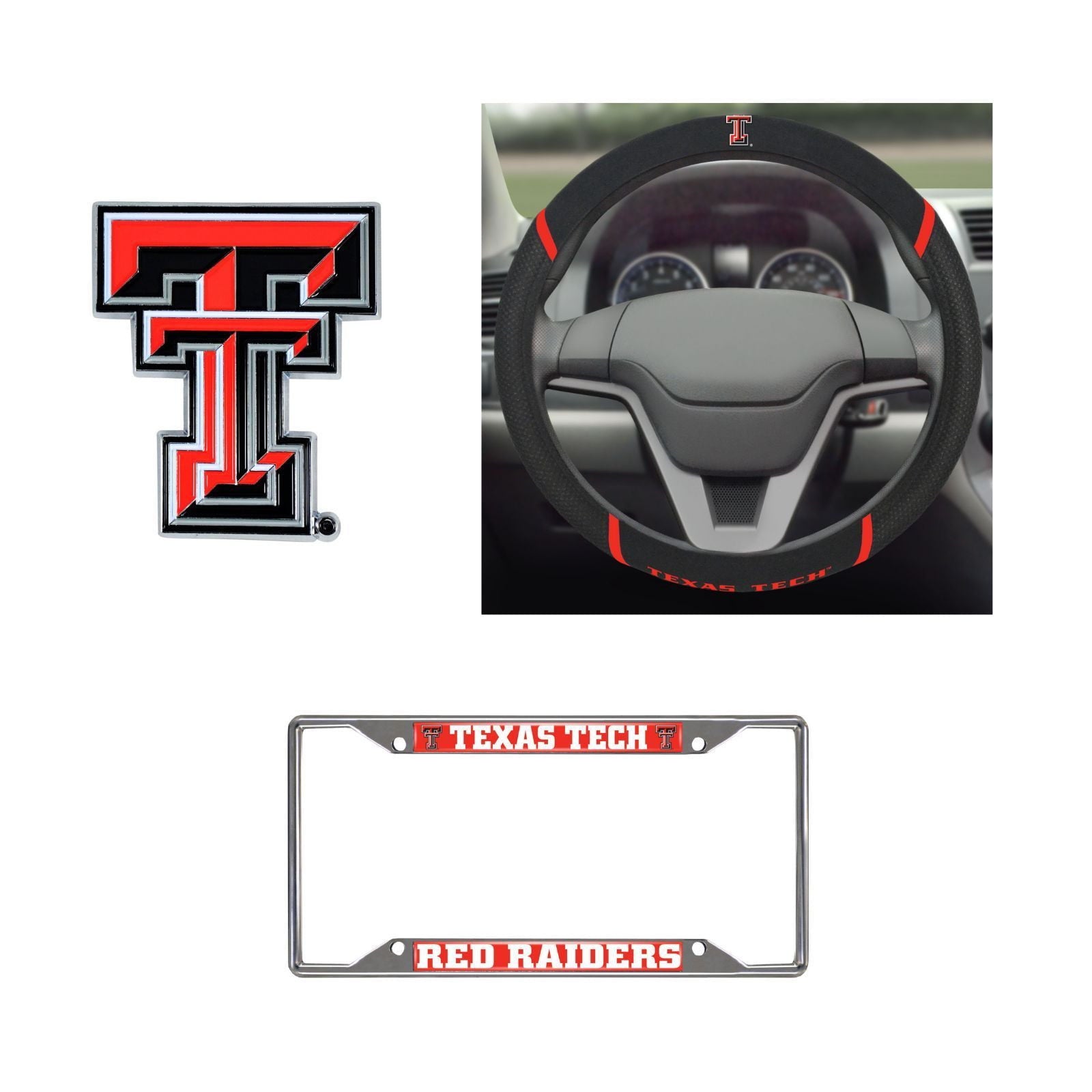 Texas Tech Red Raiders Steering Wheel Cover, License Plate Frame, 3D Color Emblem