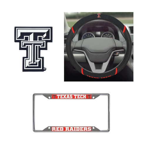 Texas Tech Red Raiders Steering Wheel Cover, License Plate Frame, 3D Chrome Emblem - Team Auto Mats