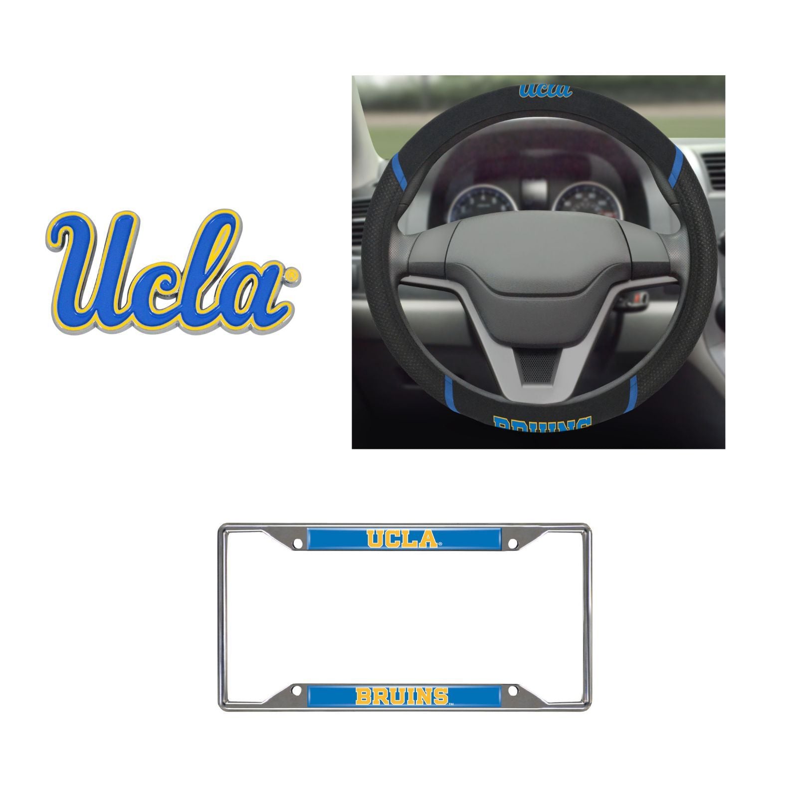 UCLA Bruins Steering Wheel Cover, License Plate Frame, 3D Color Emblem