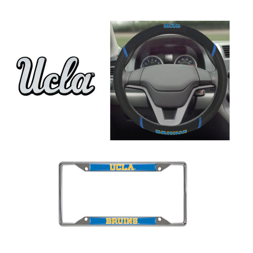UCLA Bruins Steering Wheel Cover, License Plate Frame, 3D Chrome Emblem - Team Auto Mats