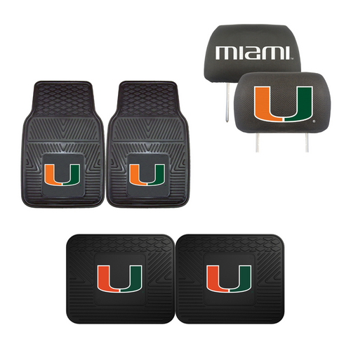 University of Miami Hurricanes  4pc Car Mats,Headrest Covers & Car Accessories - Team Auto Mats