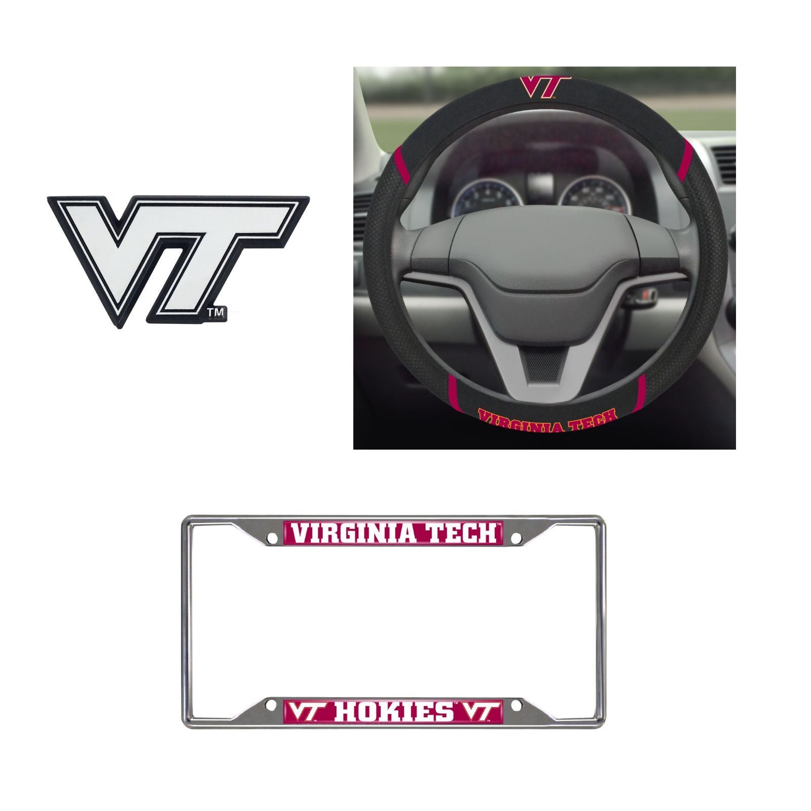 Virginia Tech Hokies Steering Wheel Cover, License Plate Frame, 3D Chrome Emblem