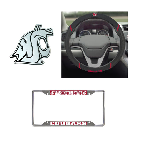 Washington State Cougars Steering Wheel Cover, License Plate Frame, 3D Chrome Emblem