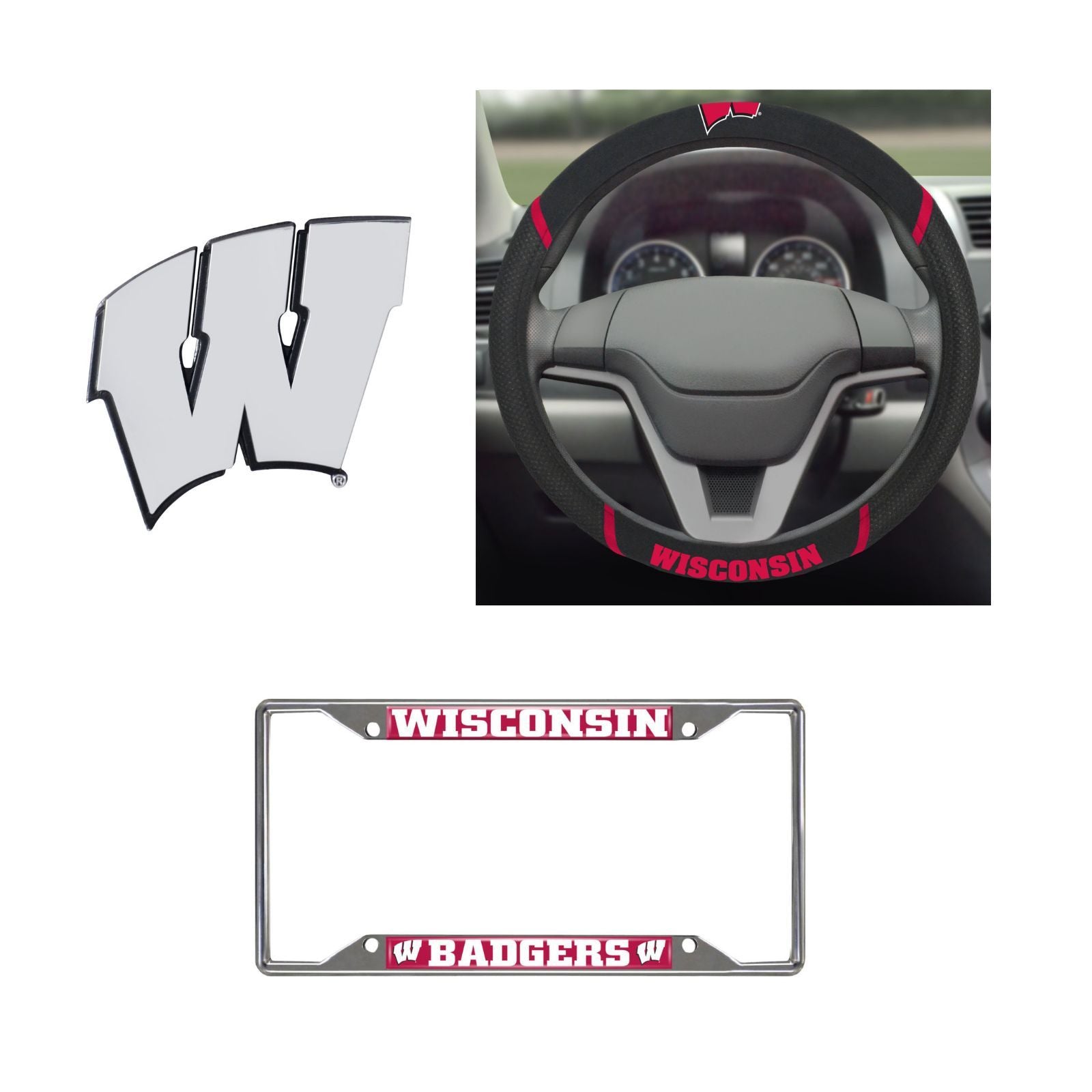 Wisconsin Badgers Steering Wheel Cover, License Plate Frame, 3D Chrome Emblem