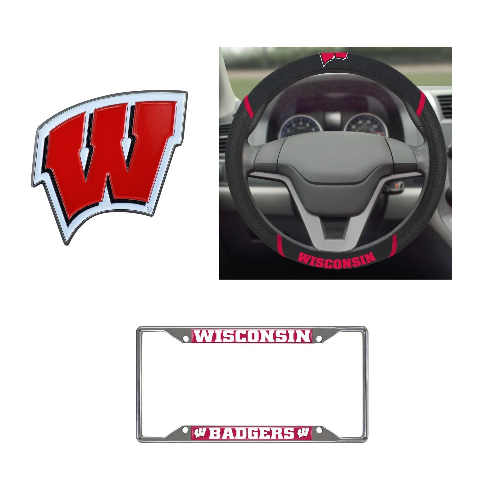 Wisconsin Badgers Steering Wheel Cover, License Plate Frame, 3D Color Emblem