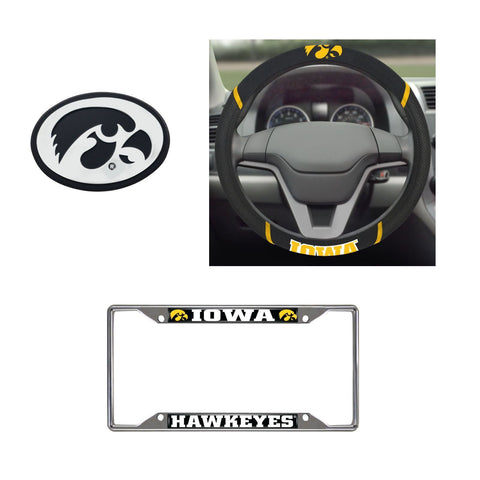 lowa Hawkeyes Steering Wheel Cover, License Plate Frame, 3D Chrome Emblem