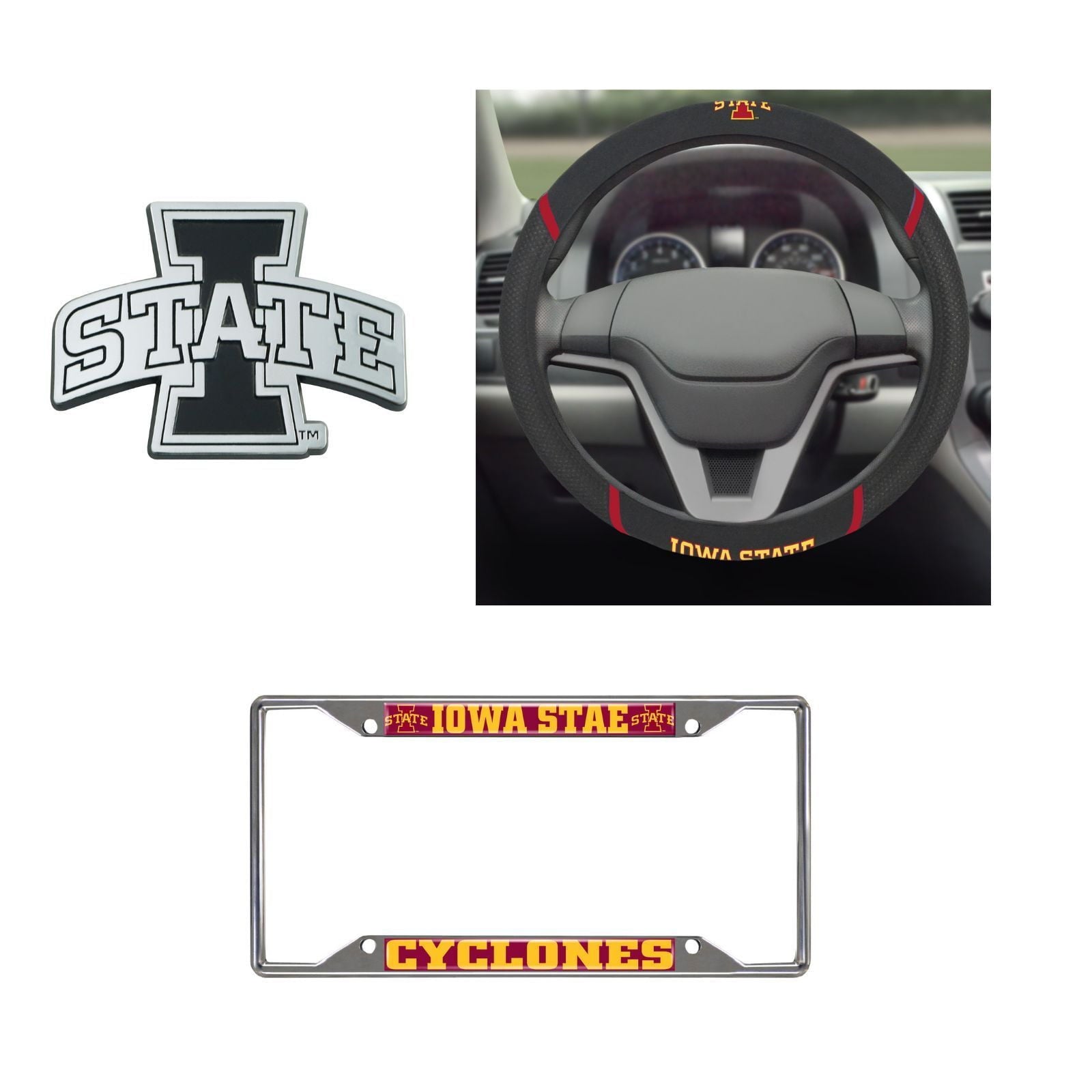lowa State Cyclones Steering Wheel Cover, License Plate Frame, 3D Chrome Emblem